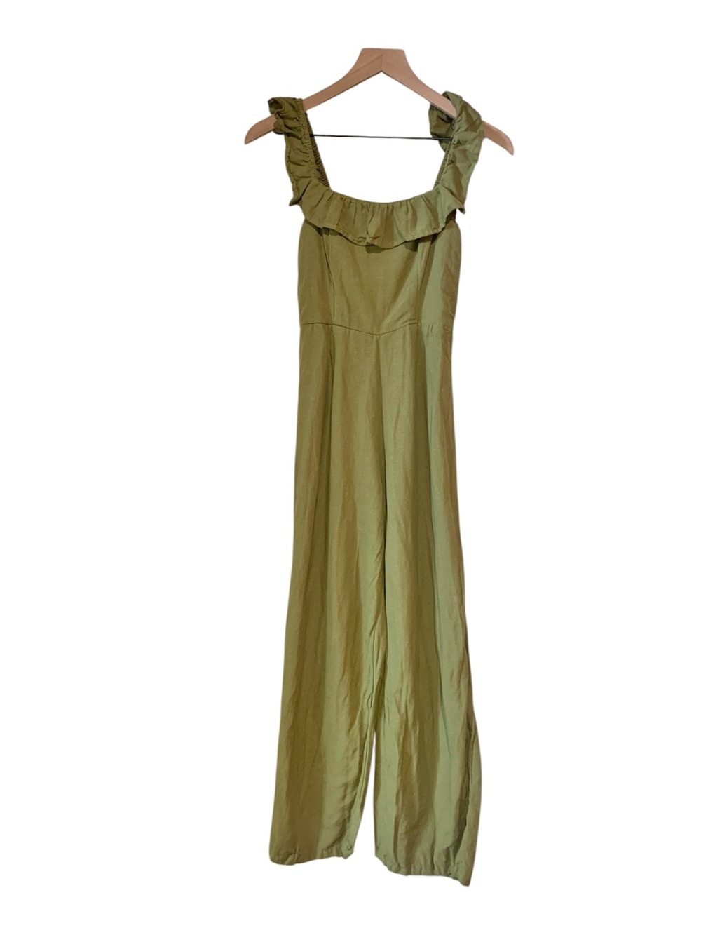 Japna Linen Blend Olive Green Ruffle-Shoulder Sleeveless Wide-Leg Jumpsuit